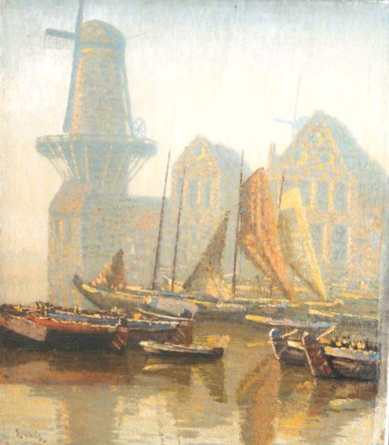Reinier Sybrand Bakels | Fishing-boats by a windmill, Delfshaven, oil on canvas, 64.0 x 55.1 cm, signed l.l.