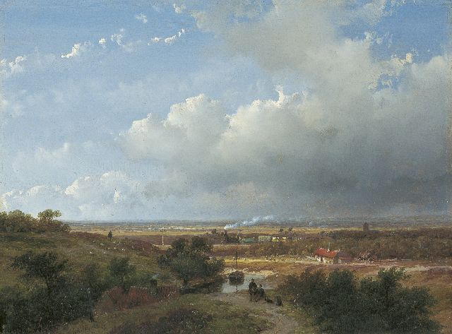 Schelfhout A.  | The first Dutch steam train between Haarlem and Leiden, oil on panel 25.0 x 33.2 cm, signed l.l. and dated '53