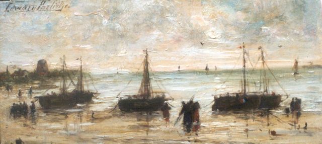 Portielje E.A.  | Anchored 'bomschuiten' on the beach, oil on panel 8.3 x 17.4 cm, signed u.l.