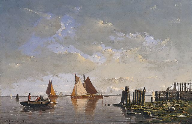 Coen Greive | A sea view with barges and a rowing boat, oil on panel, 22.0 x 33.4 cm, signed l.l. and dated 1856