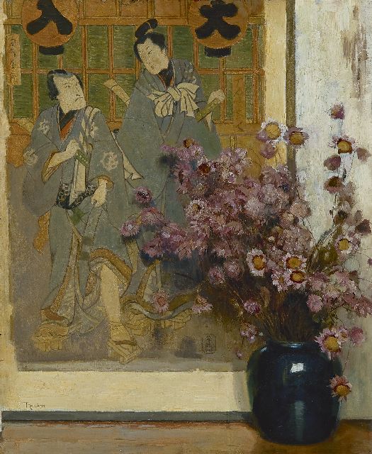 Roessingh L.A.  | A vase with dried flowers in front of a Japanese print, oil on panel 42.2 x 34.3 cm, signed l.l.