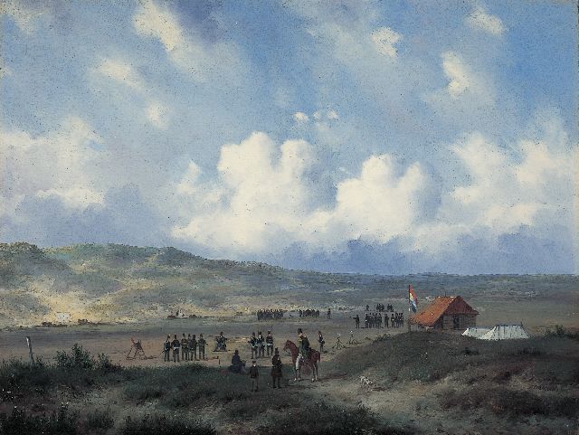 Ahrendts C.E.  | Infantry at the shooting-range in the dunes near Waalsdorp, oil on panel 33.0 x 43.7 cm, gesigneerd r.o. and te dateren na 1840