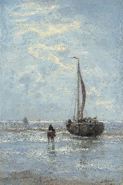 Jacob Maris | 'Bomschuit' on the beach, oil on canvas, 44.0 x 29.8 cm, signed l.r.