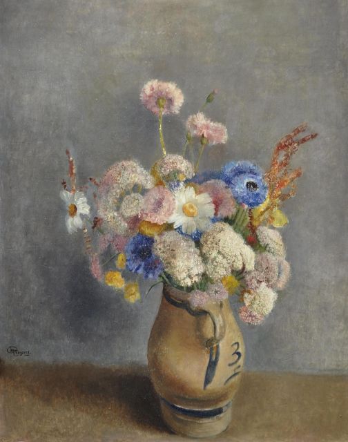 Grégoire J.H.  | Flowers in a stone jug, oil on masonite 50.0 x 40.0 cm, signed l.l.