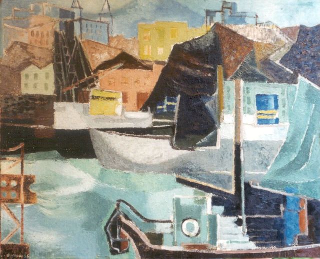 Wim Bosma | Composition Harbour Göteborg, oil on board, 49.5 x 60.9 cm, signed l.l. and dated '56