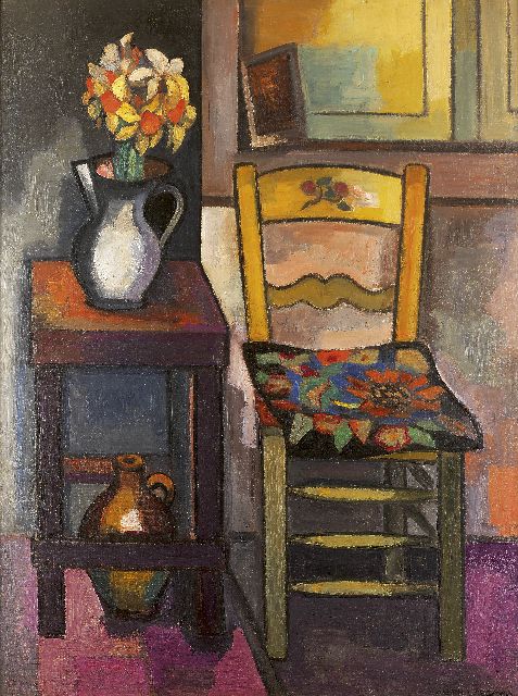 Wiegman M.J.M.  | Still life with chair; verso: Female nude, oil on canvas 130.0 x 97.4 cm, signed l.r. and on stretcher