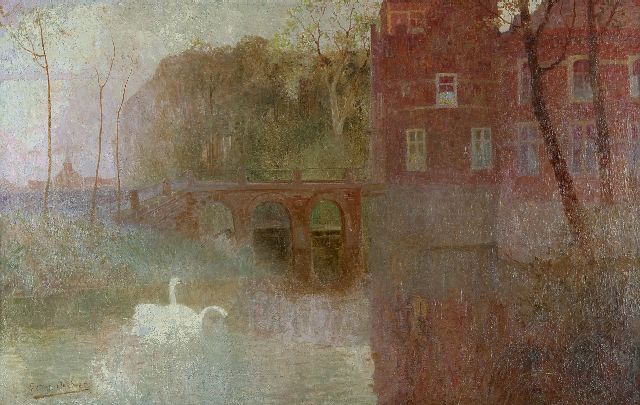 Smet G. de | Swans in a castle-moat, Brugge, oil on canvas 86.9 x 138.7 cm, signed l.l. and painted circa 1900