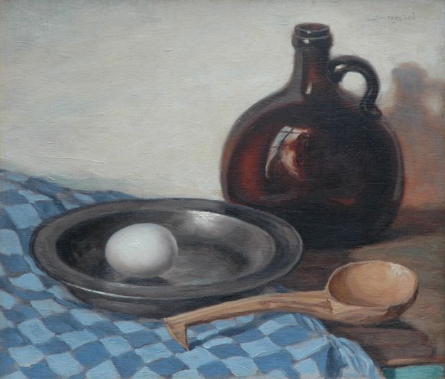 Johan Ponsioen | Still life with a tin-ware plate and bottle, oil on canvas laid down on board, 39.7 x 46.4 cm, signed u.r. and u.l. (indistinctly) and dated '31