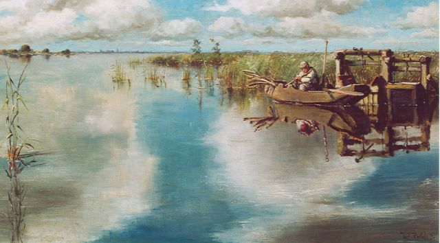 Roelofs jr. W.E.  | A fisherman on a lake, oil on canvas 40.4 x 70.2 cm, signed l.r.