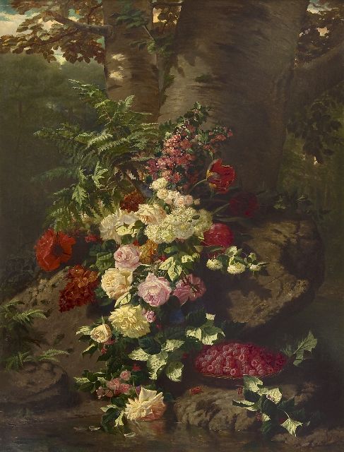 Jean-Baptiste Robie | Flower still life with roses, flowering branches and raspberries, oil on canvas, 137.7 x 106.0 cm, signed l.l. and dated 'Bruxelles' 1864