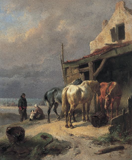 Wouterus Verschuur | Draught horses at rest by the beach, oil on panel, 27.1 x 22.5 cm, signed l.r.