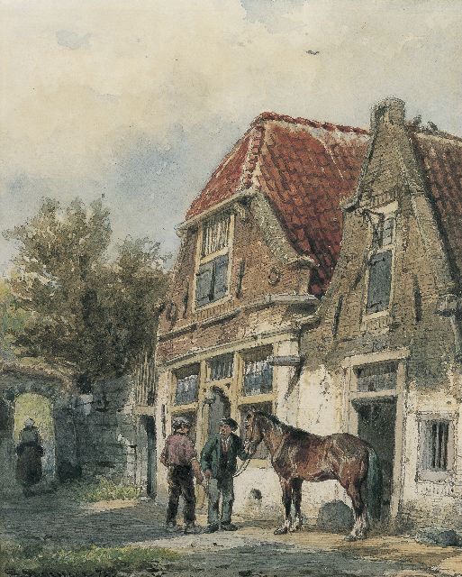 Cornelis Springer | Stable boys holding their horse, pencil and watercolour on paper, 24.6 x 19.8 cm, signed l.l. and dated '75