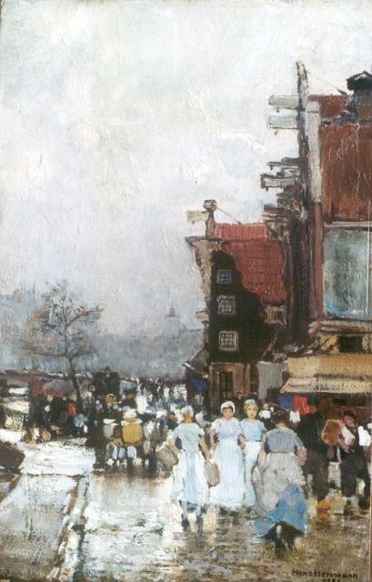 Hans Herrmann | Market square, Amsterdam, oil on paper laid down on painter's board, 37.3 x 24.9 cm, signed l.r. and dated 1886