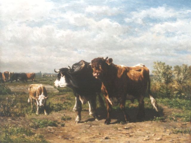 Jan de Haas | Cows in a meadow, oil on panel, 70.2 x 92.2 cm, signed l.r. and dated  'Bruxelles Juillet 1872' on the reverse