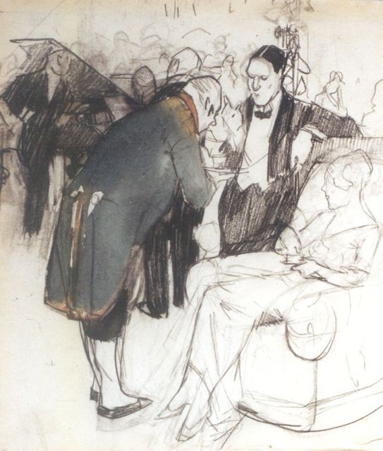 Gestel L.  | The party, black chalk and watercolour on paper 21.4 x 18.1 cm