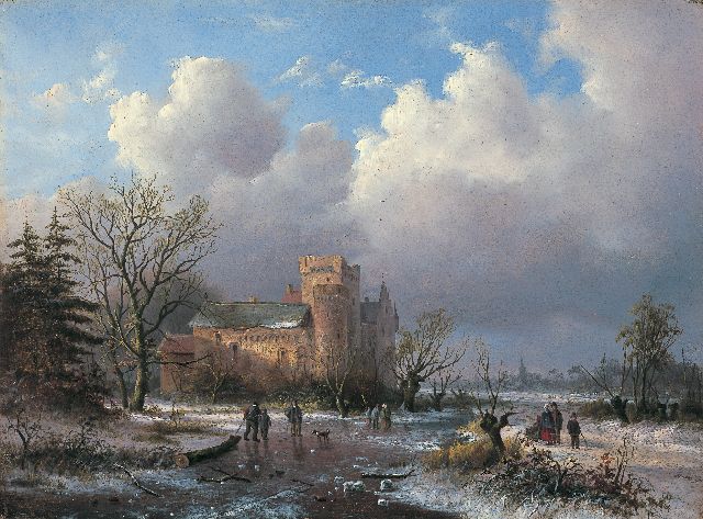 Alexander Joseph Daiwaille | A winter landscape with a castle in the distance, oil on panel, 26.2 x 35.3 cm