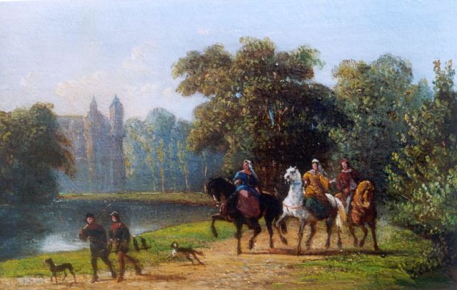 Ferdinand Ernst Lintz | Riding horseback, oil on panel, 9.7 x 15.3 cm, signed l.r.