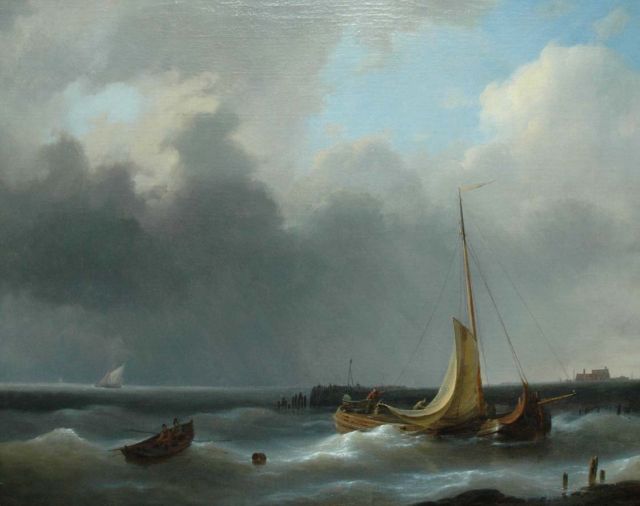 Abraham Hulk | Returning to the harbour in a storm, oil on canvas, 48.3 x 60.3 cm, signed l.r.