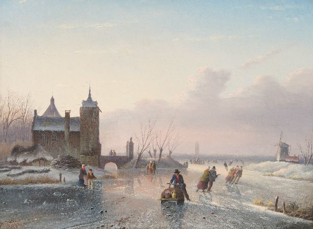 Jacob Jan Coenraad Spohler | Skaters on a frozen waterway, oil on canvas, 25.6 x 34.7 cm, signed l.l. and dated '57