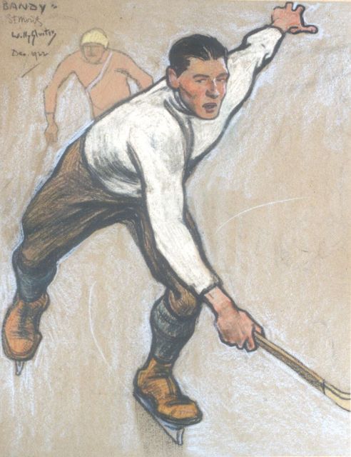 Willy Sluiter | Bandy players, St. Moritz, coloured chalk on paper, 40.7 x 32.4 cm, signed u.l. and dated St. Moritz Dec. 1922