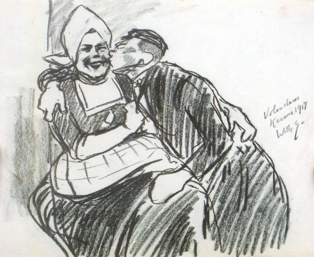 Willy Sluiter | First kiss, Volendam, black chalk on paper, 26.3 x 33.0 cm, signed m.r. and dated 1917
