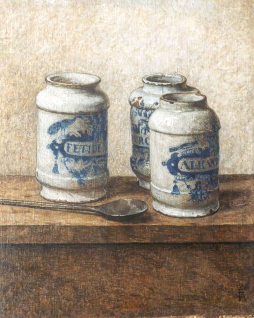 Feldmann C.A.  | Pharmacist's jars, oil on canvas laid down on panel 33.2 x 28.5 cm, signed l.r. with monogram and dated 1946