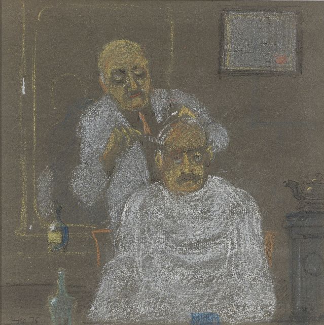 Kamerlingh Onnes H.H.  | At the hairdresser's, pastel and ballpoint on paper 25.5 x 25.5 cm, signed l.l. and l.r. with monogram and dated '75