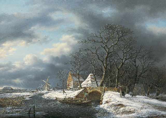 Andreas Schelfhout | A winter landscape with a wood-gatherer and a farmer in a boat, oil on panel, 51.0 x 73.0 cm, signed right of the centre and painted circa 1815