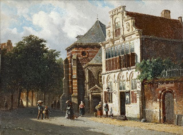 Eversen A.  | A summer view of the Petrus church and 'Stedehuys' in Woerden, oil on panel 27.6 x 37.4 cm, signed l.l. with monogram