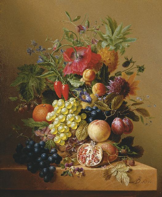 Arnoldus Bloemers | A still life with vegetables, flowers and fruit, oil on canvas, 65.0 x 54.0 cm, signed l.r. with monogram and dated 1836