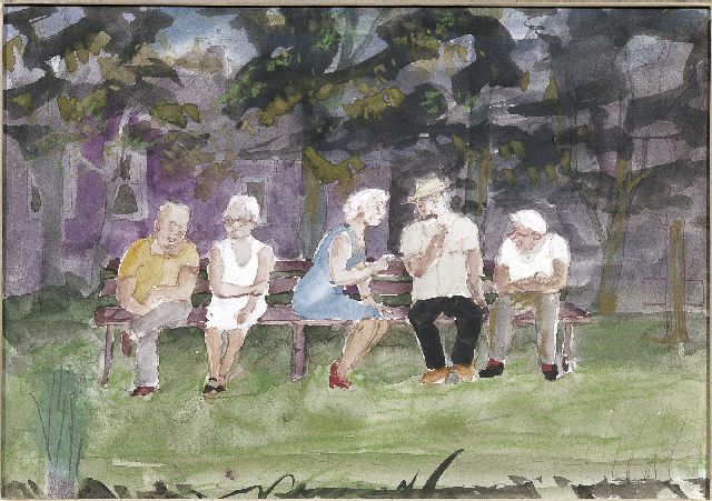 Kamerlingh Onnes H.H.  | Figures in a park, pencil, pen, chalk and gouache on paper 21.0 x 29.1 cm, signed l.l. with monogram and dated '80