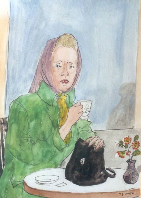 Kamerlingh Onnes H.H.  | A cup of tea, felt-tip pen, ballpoint and watercolour on paper 18.5 x 14.1 cm, signed l.r. with monogram and dated '73