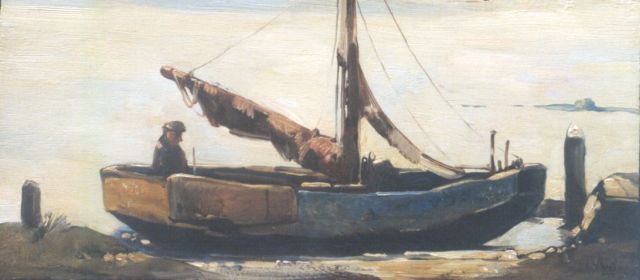 Berg W.H. van den | A moored flatboat, Volendam, oil on panel 12.7 x 27.8 cm, signed l.r. with monogram and dated 1967