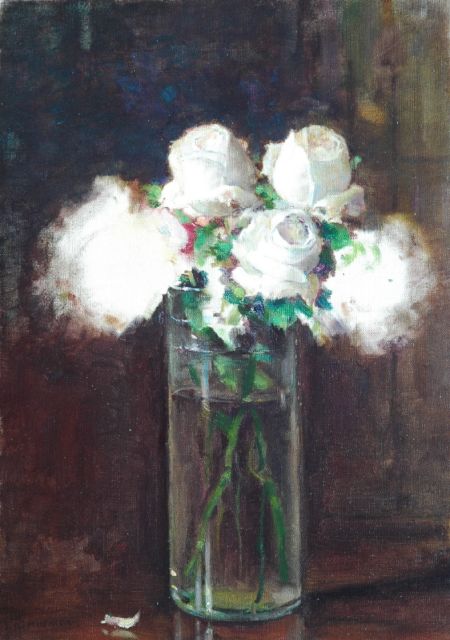 Jules Alexis Muenier | White roses in a glass vase, oil on canvas, 46.2 x 33.2 cm, signed l.l.