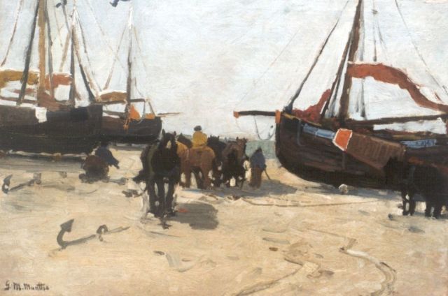 Morgenstjerne Munthe | 'Bomschuiten' on the beach, oil on canvas laid down on panel, 37.8 x 53.4 cm, signed l.l.