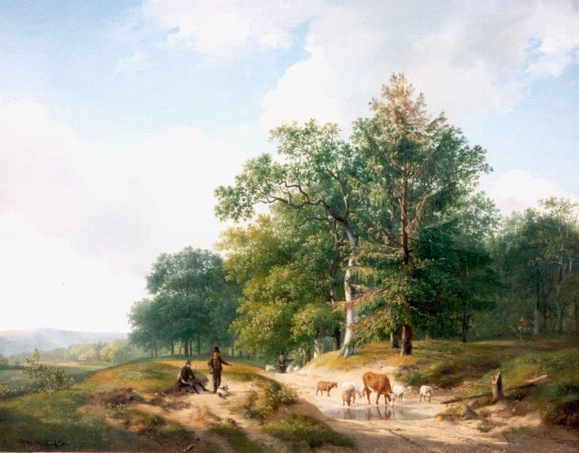 Sande Bakhuyzen H. van de | A farmer with cattle in a wooded landscape, oil on panel 51.4 x 62.2 cm, signed l.r. and dated 1825