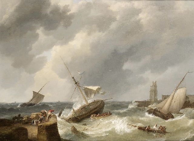 Johannes Hermanus Koekkoek | Dutch barges caught in a squall, oil on canvas laid down on panel, 63.5 x 85.0 cm, signed l.l. and dated 1838