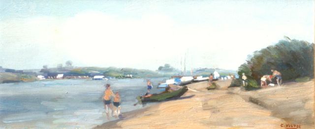 Cor Noltee | The river Merwede, Dordrecht, oil on panel, 22.0 x 49.3 cm