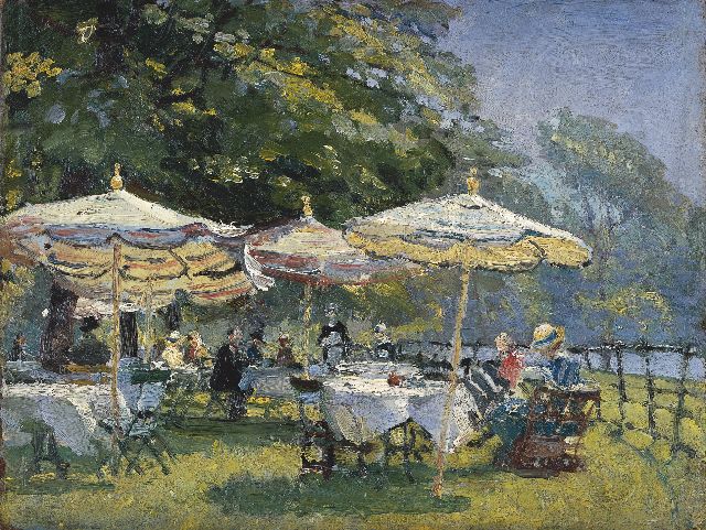 Moll E.  | Afternoon tea on a terrace, oil on painter's board 26.6 x 35.3 cm