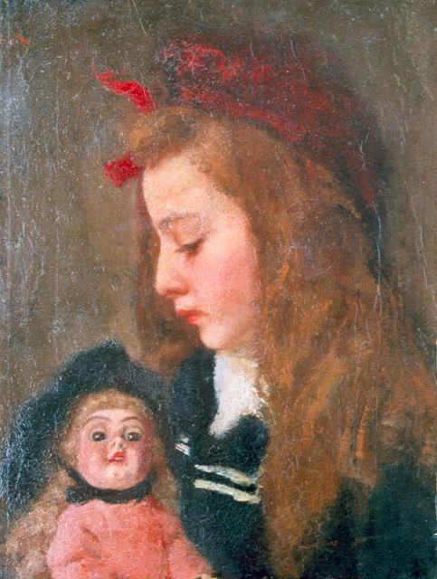 Wandscheer M.W.  | Henriëtte Thueré with a doll, oil on canvas 41.4 x 31.5 cm, signed u.l. traces of signature