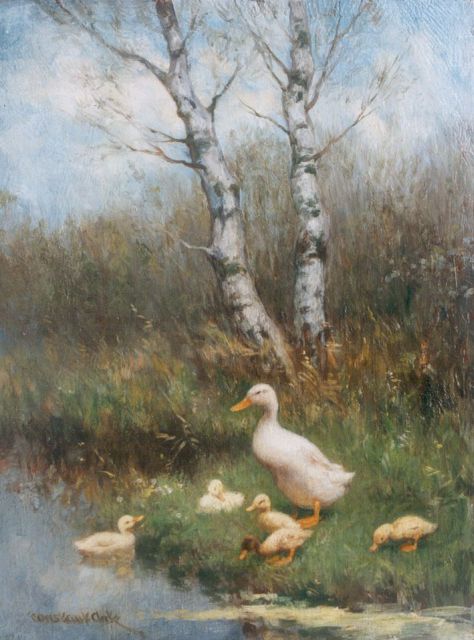 Constant Artz | Hen with ducklings, oil on multiplex, 24.0 x 18.0 cm, signed l.l.