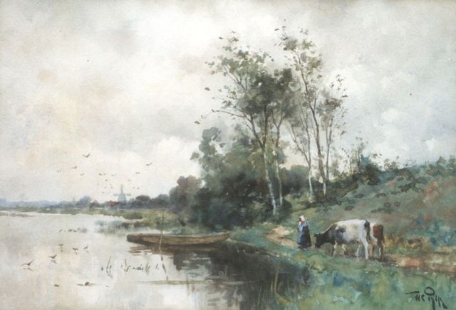 Willem Rip | A cowherd on a path along the water near Bergschenhoek, watercolour on paper, 23.8 x 34.5 cm, signed l.r.