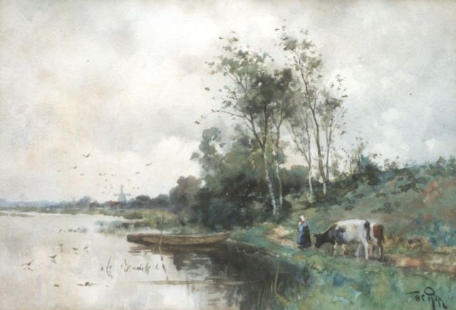 Rip W.C.  | A cowherd on a path along the water near Bergschenhoek, watercolour on paper 23.8 x 34.5 cm, signed l.r.