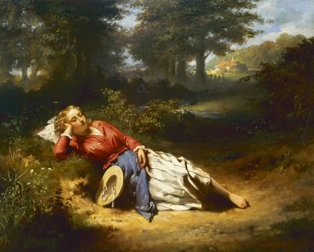 Koningsveld J. van | A sleeping beauty, oil on panel 34.5 x 43.5 cm, signed l.r. and dated 1854