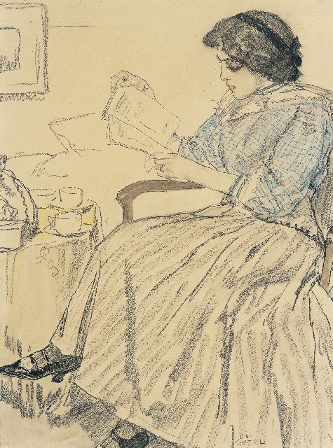 Gestel L.  | An elegant lady reading, chalk and watercolour on paper 36.0 x 27.3 cm, signed l.r.