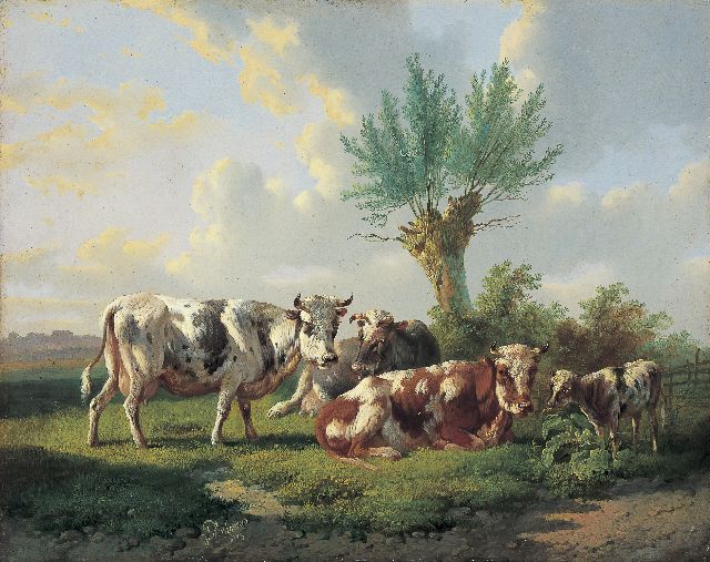 Verhoesen A.  | Cattle in a meadow, oil on panel 31.8 x 40.0 cm, signed c.l. and dated 1873