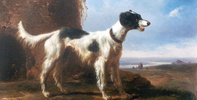 Verschuur W.  | A sporting dog, oil on copper 8.6 x 14.0 cm, signed l.l. with monogram and dated 1847