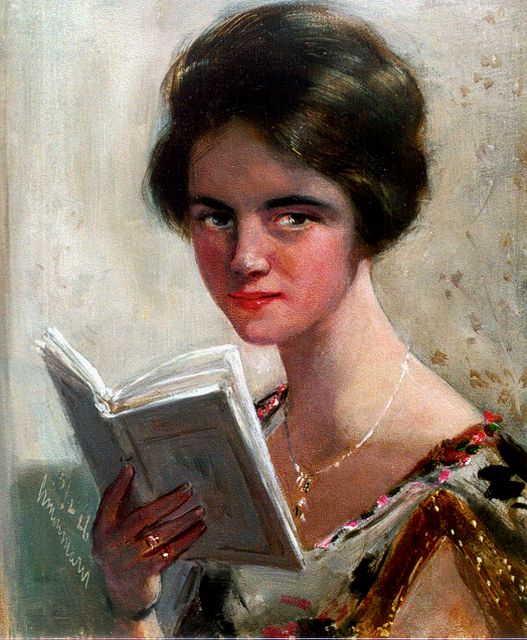 Maris S.W.  | A portrait of an elegant lady reading, oil on canvas laid down on painter's board 24.0 x 20.1 cm, signed l.l. and executed 3/2/26