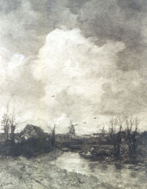 Graadt van Roggen J.M.  | A landscape, with a windmill in the distance near The Hague, after J.H. Maris, etching on paper 50.0 x 63.0 cm, signed l.r.