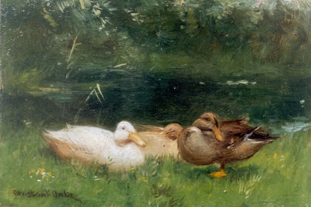 Constant Artz | Three ducks on the riverbank, oil on panel, 12.5 x 18.0 cm, signed l.l.